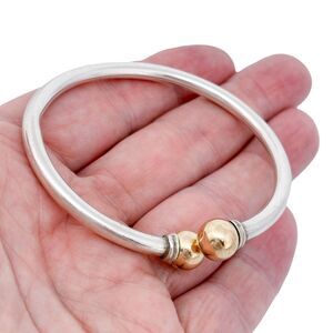 Cracked Vintage Sterling Silver 925 Brass Tipped Bangle Bracelet 6.5"